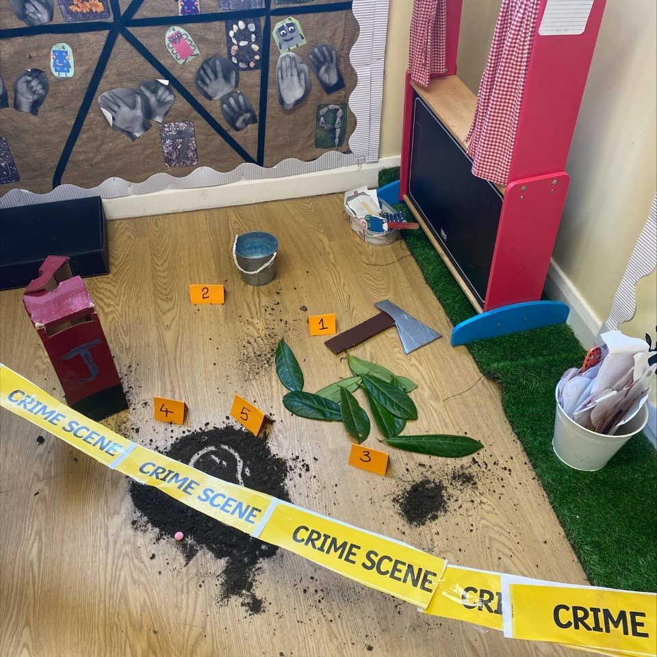 stmarks_primary's tweet photo. A crime scene has appeared in Reception! They are on the case to determine who has been leaving such peculiar items in their classroom 🫘🍃🪓 https://t.co/lXnlHzVGEB