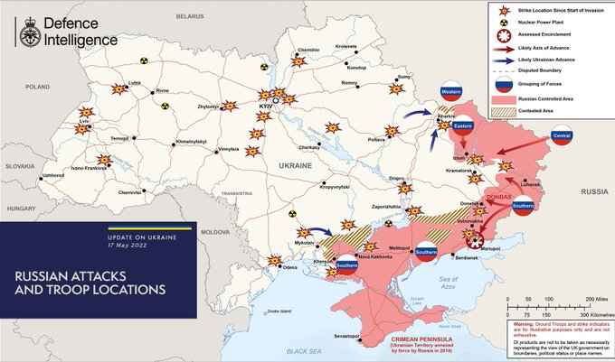 Image is of a map showing the latest update of Russia's invasion in Ukraine