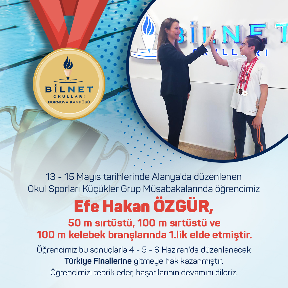 BilnetBornova's tweet photo. 13-15 Mayıs tarihlerinde Alanya'da düzenlenen Okul Sporları Küçükler Grup Müsabakalarında öğrencimiz Efe Hakan Özgür 50 m sırtüstü, 100 m sırtüstü ve 100 m kelebek branşlarında 1.lik elde etmiştir.
Öğrencimizi tebrik eder, başarılarının devamını dileriz. https://t.co/Gnb2BuM26s