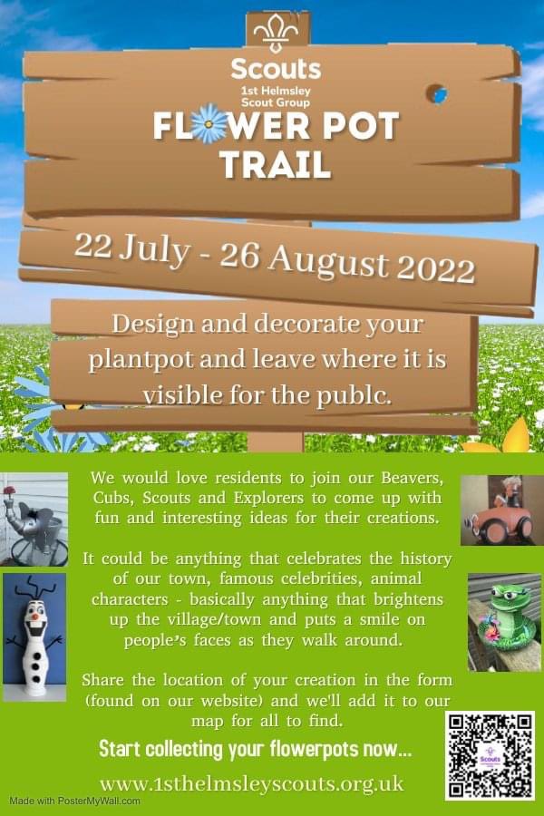1stHelmsley's tweet photo. We would love residents to join our #Beavers, #Cubs, #Scouts and #Explorers to come up with fun and interesting ideas for their creations for our #flowerpottrail.
Please see our website for info, ideas and how to enter.
https://t.co/IrZQWSm2wJ
@VisitHelmsley @gazetteherald https://t.co/OjcM53fabs