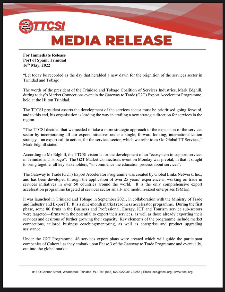 TTCSIORG's tweet photo. #mediarelease from @TTCSIORG @Newsday_TT @tttliveonline @tv6tnt @CNC3TV @GuardianTT @expressupdates @TradeMinistryTT  #trinidadandtobago https://t.co/w8tO1nxcIW