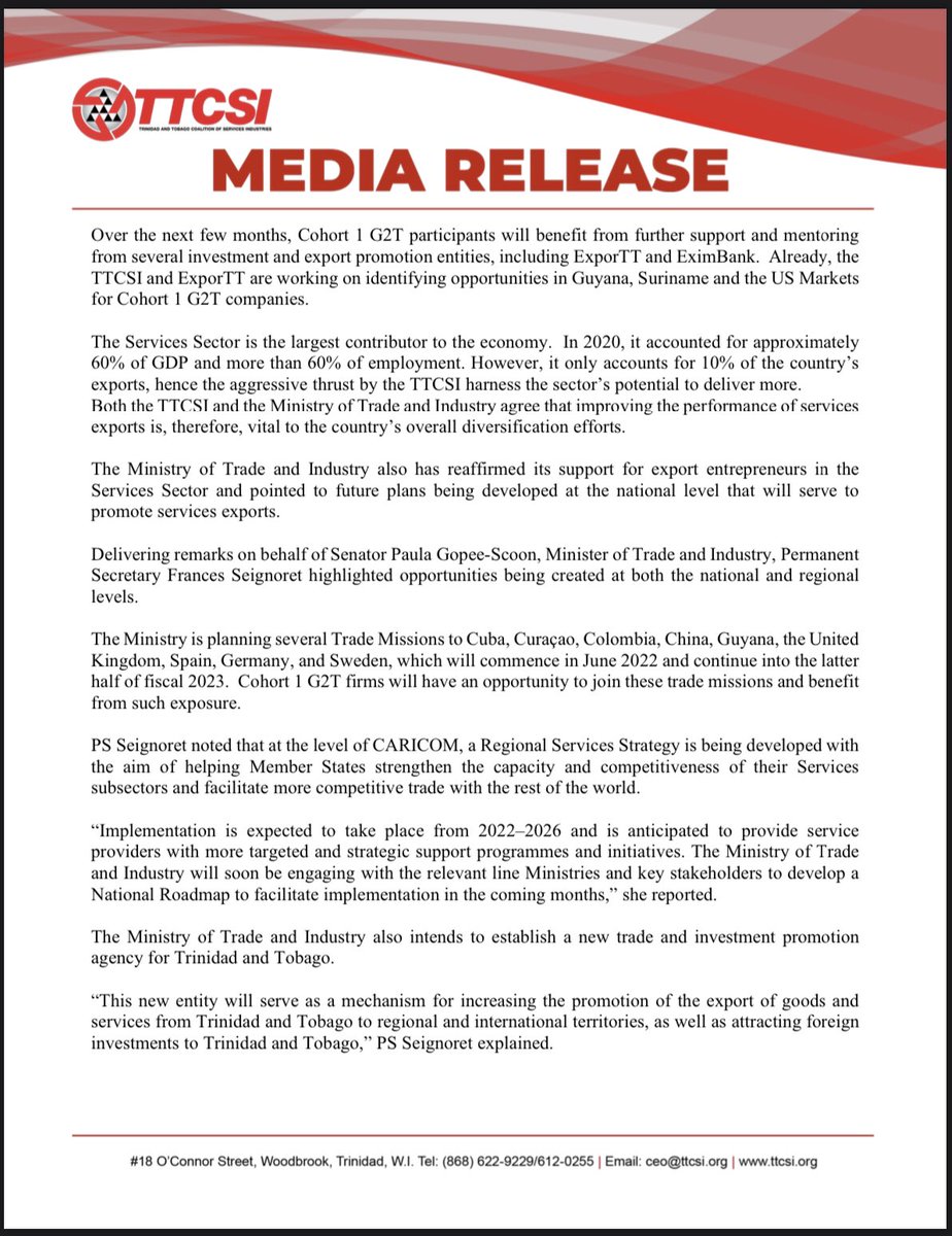 TTCSIORG's tweet photo. #mediarelease from @TTCSIORG @Newsday_TT @tttliveonline @tv6tnt @CNC3TV @GuardianTT @expressupdates @TradeMinistryTT  #trinidadandtobago https://t.co/w8tO1nxcIW