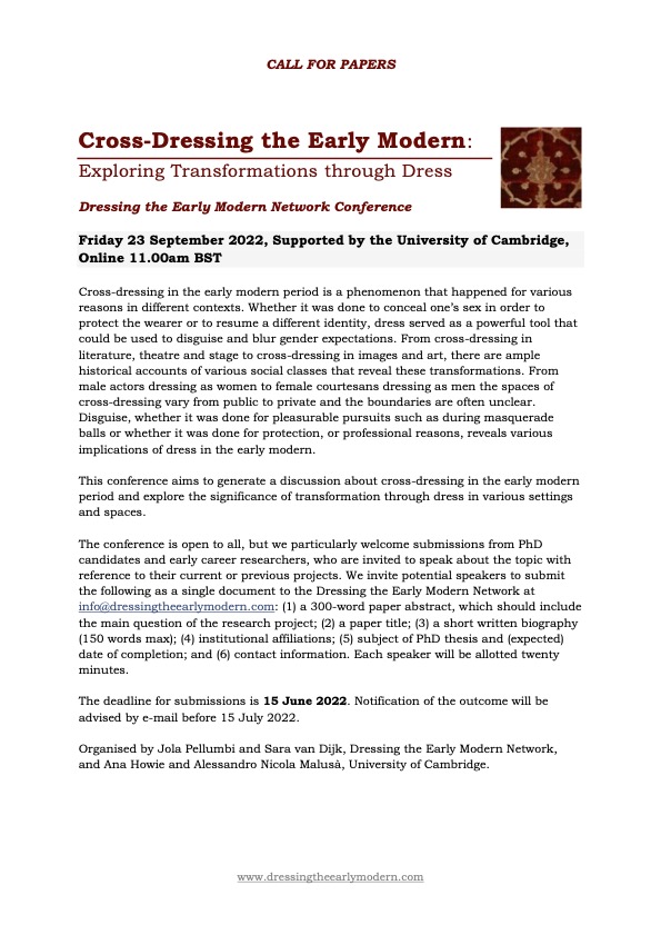 nemnetwork_'s tweet photo. Check out this CFP for what looks set to be a fantastic conference on Cross-Dressing the Early Modern: Exploring Transformations through Dress! 

For text version, please DM us! https://t.co/GLlSe6Giyj