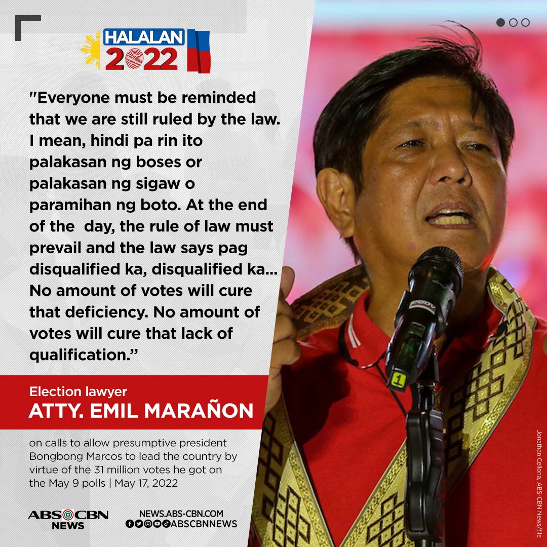 ABSCBNNews's tweet photo. Despite garnering 31 million votes in #Halalan2022, presumptive President Ferdinand Marcos, Jr. should still be disqualified if the law says so, according to an election lawyer.

FULL STORY: https://t.co/2pGCfpKrOR https://t.co/yCk6VRxXhJ