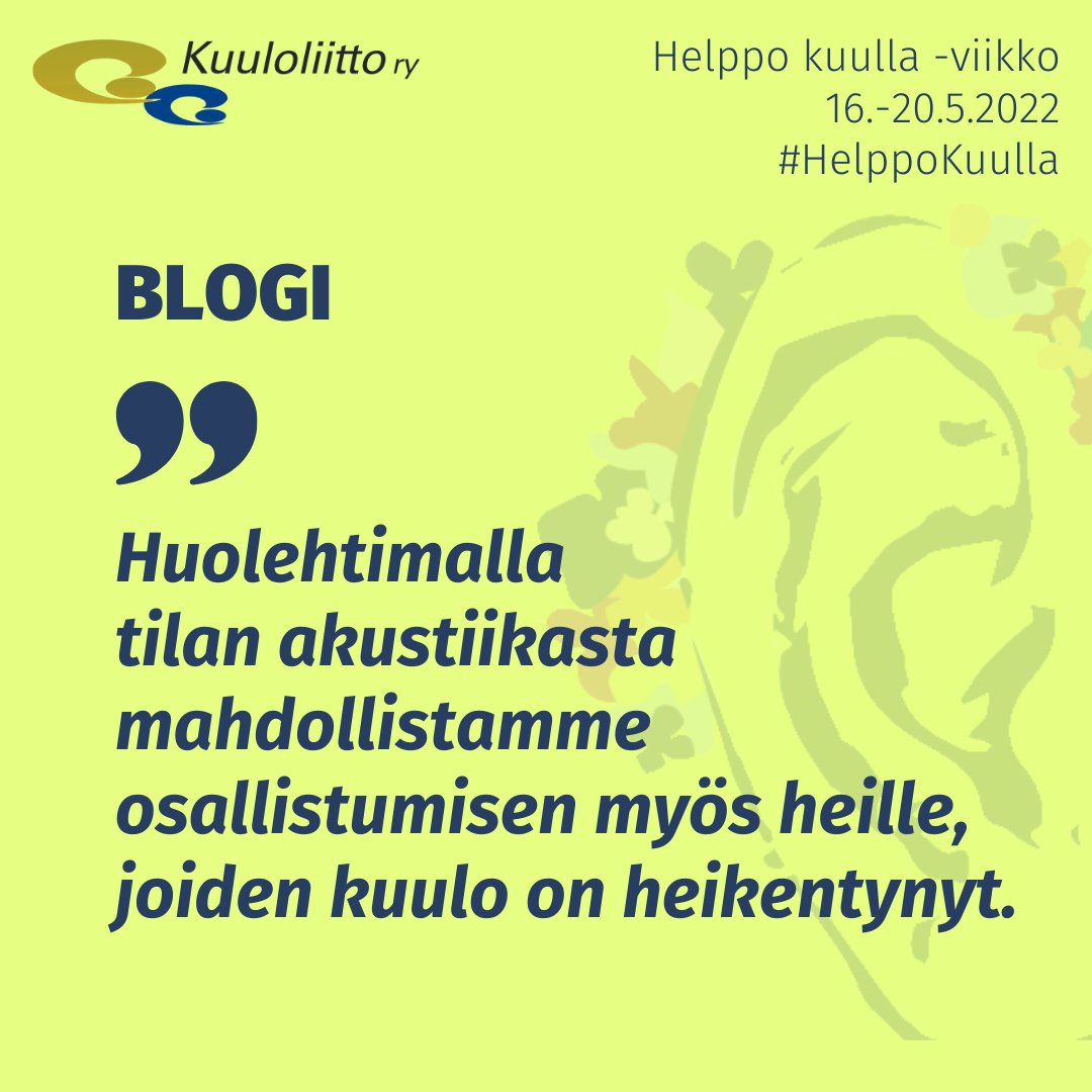 Kuuloliitto's tweet photo. #HelppoKuulla-blogisarjan ensimmäisessä osassa asiantuntijamme Jukka taitavasti havainnollistaa sitä, millaista huonokuuloisen on yrittää kuunnella ja osallistua paljon häiriötä ja melua sisältävässä tilanteessa.

Lue blogi ja testaa omaa ymmärrystäsi: https://t.co/Ff6fHR1jRd https://t.co/Gn6kmkoxRC