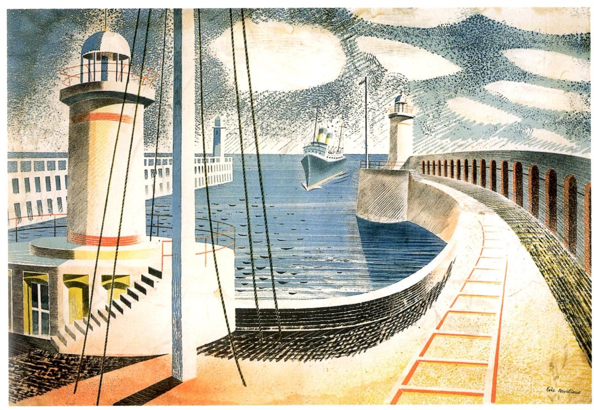 Newhaven Harbour, Eric Ravilious, 1937. The original artwork is in the collection of @TownerGallery. #Sussex #EastSussex