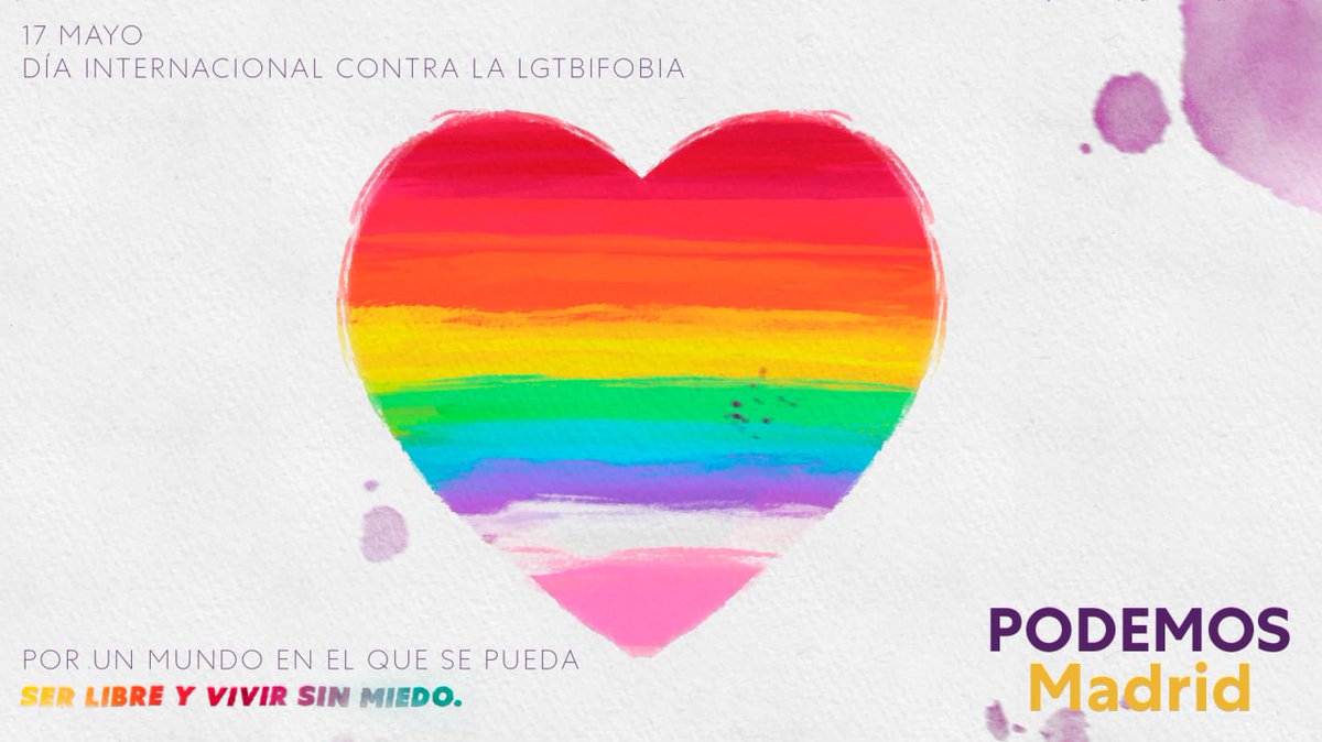 podemosmad's tweet photo. En el Día Internacional contra la #LGTBIfobia reivindicamos que todas las personas tenemos el derecho de ser y amar en libertad y sin miedo.🏳️‍🌈🏳️‍⚧️

El odio y la violencia no tienen lugar en una sociedad diversa como la nuestra. https://t.co/UnUc6J4e6M