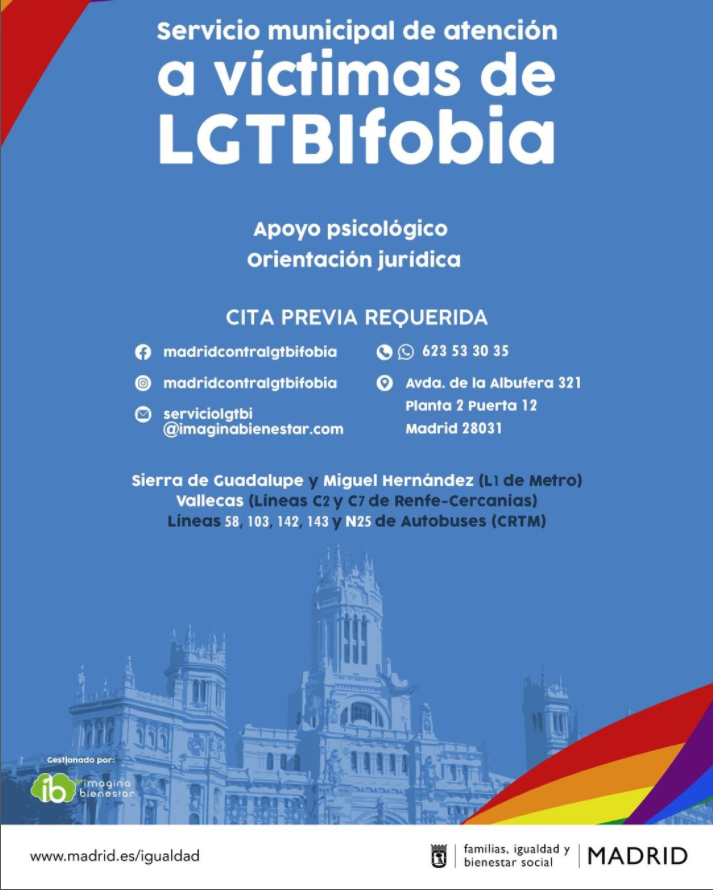 Hoy, 17 de Mayo conmemoramos el #DíaContraLGTBfobia

#Madrid cuenta con un servicio que presta #atención #psicológica y #jurídica a las víctimas de esta #violencia.

No estás sole🌈, estamos a tu lado❗

#idahobit2022 #idahotbit2022 #stoplgtbfobia #derechosLGTBI #humanright