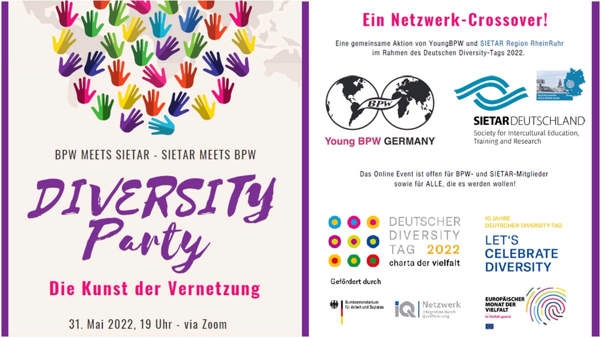 Let's celebrate #Diversity 🎉 Sei bei der virtuellen #networking Party am 31.05 dabei! Eine herzliche Einladung von <a href="/BPW_Germany/">BPW Germany</a>, <a href="/SIETAR_Germany/">SIETAR Deutschland</a> und @ChartaVielfalt 👉Anmeldung: us02web.zoom.us/meeting/regist…
#DDT22 #BPWxSIETAR 🌎 #unitedInDiversity #youngBPW