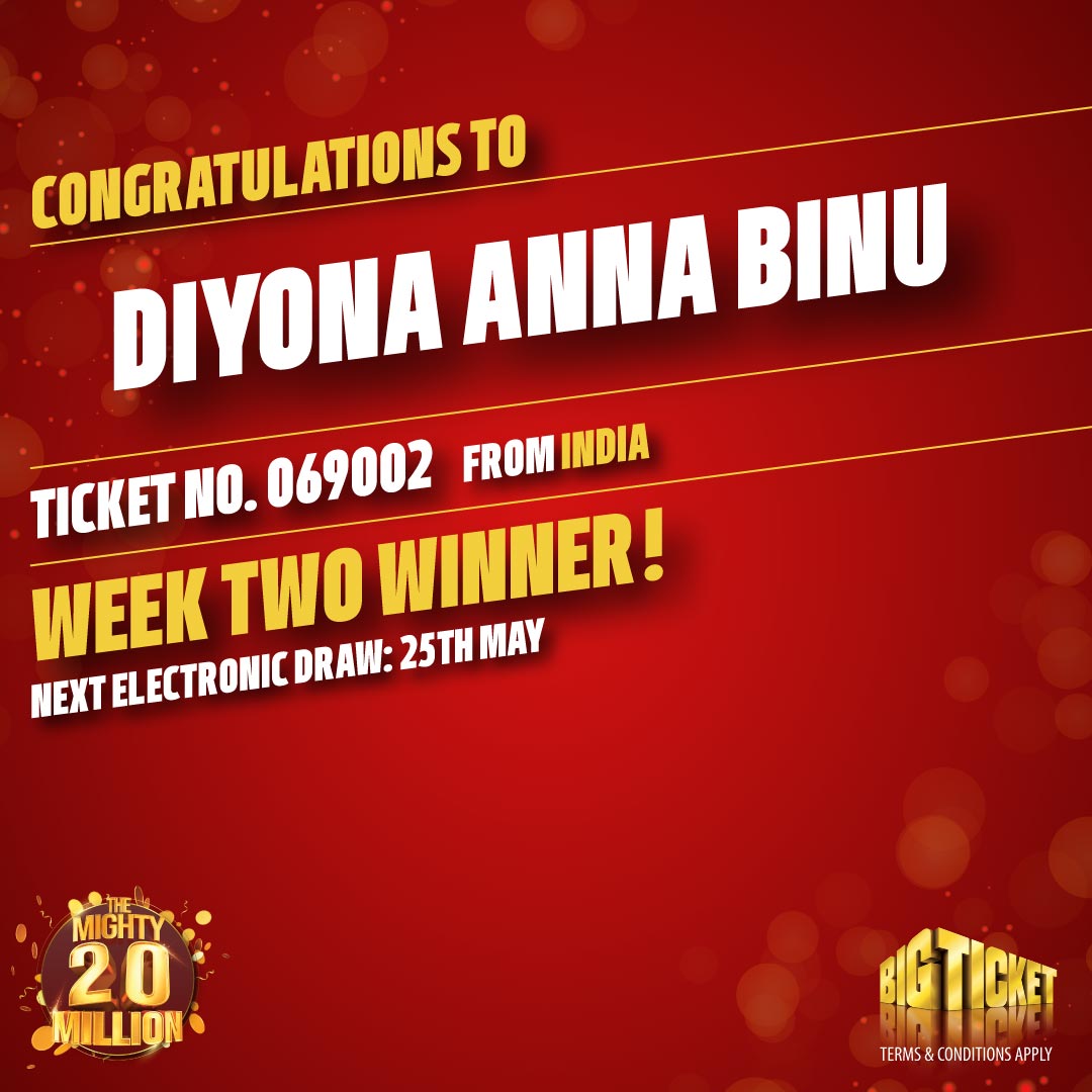 BigTicketAD's tweet photo. Congratulations to Diyona Anna Binu! Our second week AED 500,000 weekly electronic draw winner! 
*Our next electronic draw will take place 25th May for tickets purchased from 17th-24thMay
#BigTicketAbuDhabi #BigTicket #bigticketweeklydraw https://t.co/tuE0nM7keR