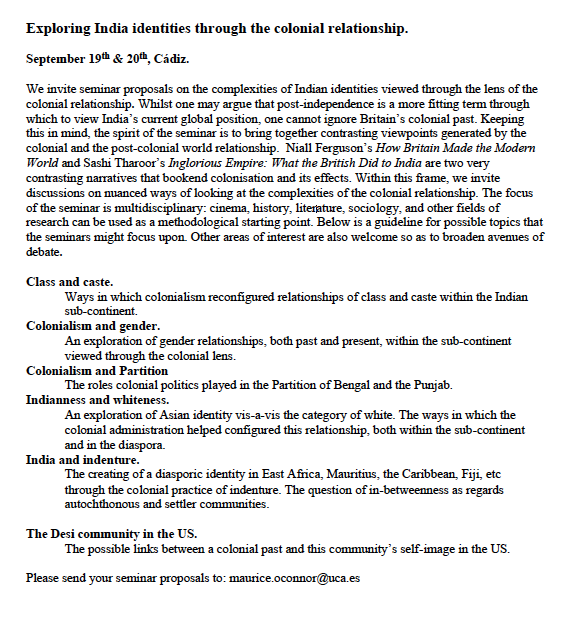 AeeiIndia's tweet photo. Attention Indian Studies Scholars
📢CALL FOR PAPERS ALERT
AEEII's 5th Seminar "Exploring India identities through the colonial relationship"
19-20 September 2022 in Cádiz, Spain
Deadine: 15 July 2022
Send your proposals to maurice.oconnor@uca.es
#IndianStudies #cfp #PhDchat https://t.co/zJqyz1LVsn