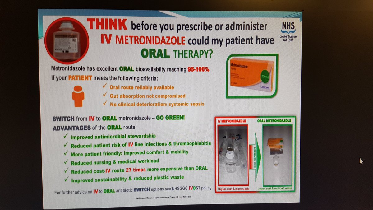 #AbxMay2022 Great work @rachael_rodger on reducing IV metronidazole usage at RAH. Definitely something we should look at replicating @SAPGAbx @AntibioticScot