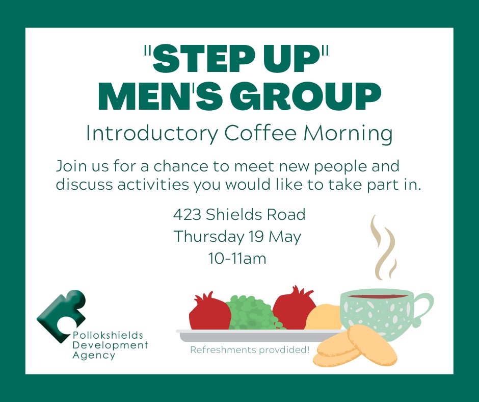 Step Up Men’s Group is a new group starting in Pollokshields aiming to unite the older men of Glasgow Southside! Join us on 19 May from 10-11am at 423 Shields Road for our introductory session for an opportunity to have your say on the activities you would like to participate in!