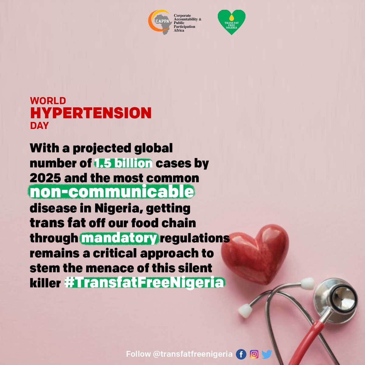 Hypertension is the most common NCD in Nigeria and trans fat is a risk factor for this. Join us to ask <a href="/NafdacAgency/">NAFDAC NIGERIA</a> and <a href="/Fmohnigeria/">Federal Ministry of Health, NIGERIA</a> for #TransfatFreeNigeria regulations.