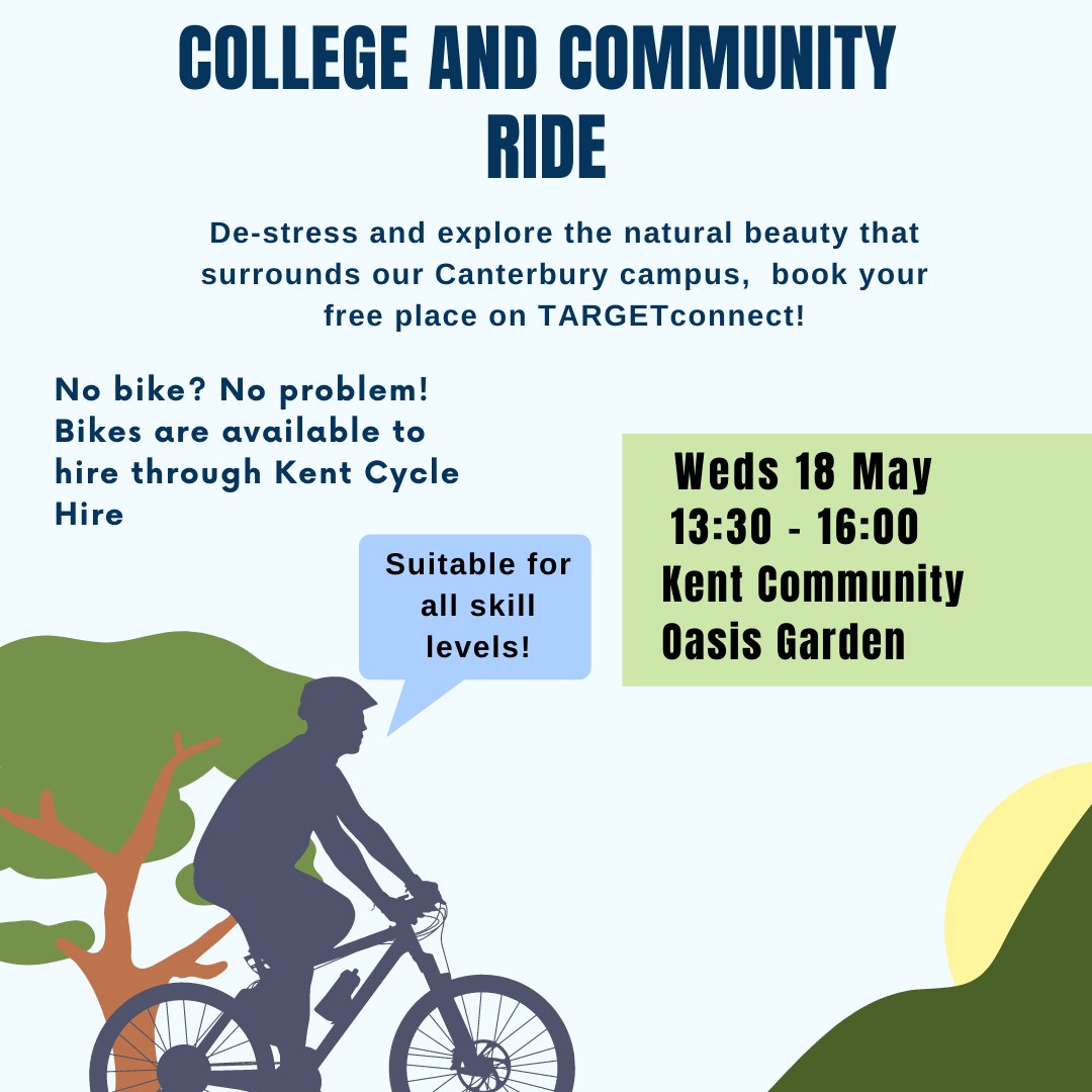 Looking for a fun and active activity for Wednesday? 

Join us on the CCL Bike Ride! 🚴

These rides are suitable for all riders and all types of bikes and offer a great way to have some fun, de-stress, meet new people🙌

For more info and booking visit: 
kent.ac.uk/events/event/5…