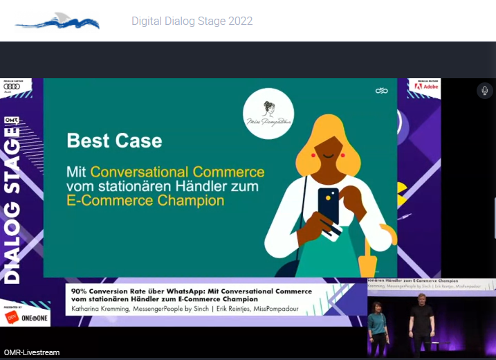 ONEtoONE_de's tweet photo. 15 Mitarbeitende und ein Chatbot alleine für Whatsapp: Wie #MissPompadour mit #ConversationalCommerce mit #Whatsapp erfolgreich E-Commerce macht, verrät CEO @Erik_re mit @KathaKremming, @MessengerPeople auf der #Dialogstage der #OMR22 #DigitalDialogStage #OMR2022 https://t.co/kwOEclvidX