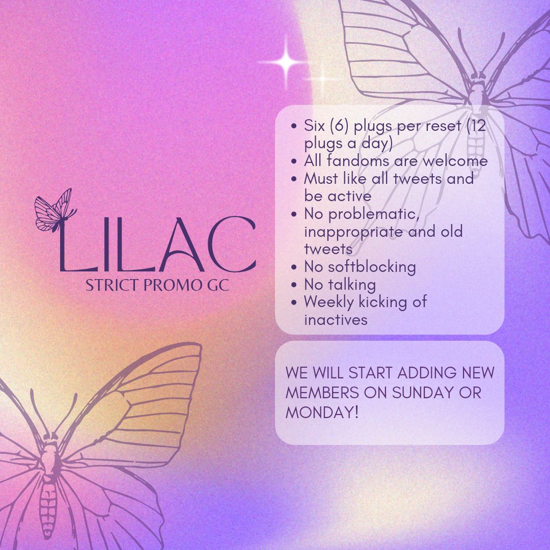 LILAC STRICT PAYOLA/PROMO GC IS RECRUITING
— must like all tweets and be active 
— multi-fandom
— 50-60+ likes guaranteed
— mbf <a href="/LILACPGC/">LILAC PGC</a> or have open dms

📢 RT, TAG 2 FRIENDS &amp; REPLY TO JOIN  📢
we will start adding on sunday so stay active and followed throughout a week