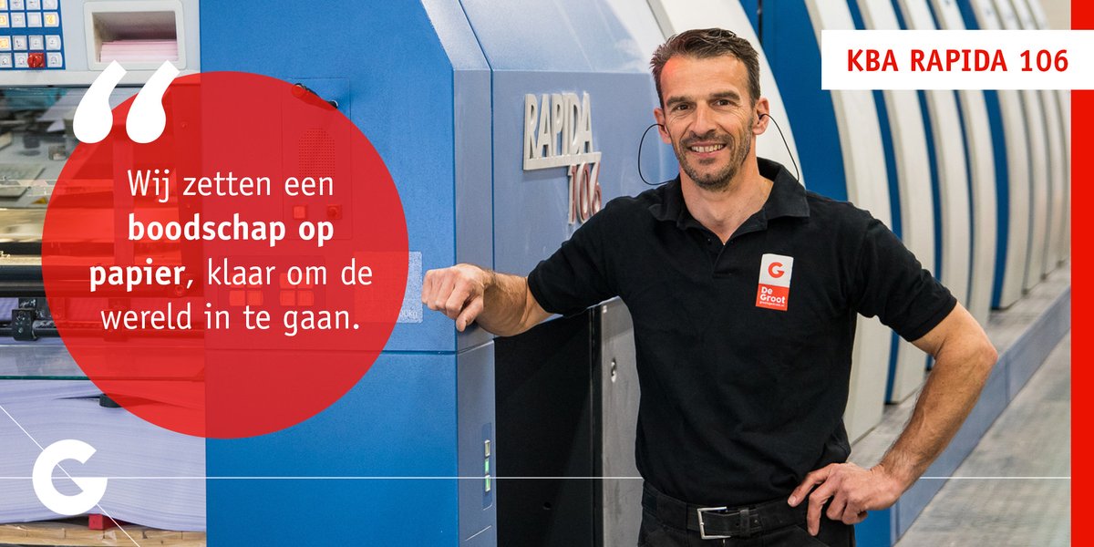 Een van de gezichten bij de KBA Rapida 106 is onze drukker Arie. Hij is ruim 35 jaar drukker en werkt al 31 jaar bij De Groot.
"Wij zetten een boodschap op papier, klaar om de wereld in te gaan", aldus Arie.

#kbarapida106 #grootsgedrukt #machinepark