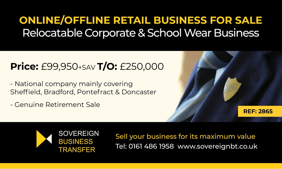Online &amp; retail sports, corporate and school wear business for sale. National business but currently covering mainly #Sheffield #Bradford #Pontefract  #Doncaster Sales are 60% corporate/school wear and 40% sports. Retirement Sale.

More info 👉 sovereignbt.co.uk/business-for-s…