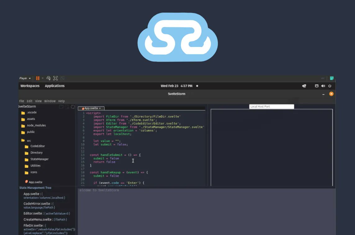 MadeWithSvelte's tweet photo. .@StormSvelte is the first IDE focused on Svelte web app development ⚡️ It's open-source and of course #madewithsvelte as well! - https://t.co/0vbwK7tpU6 https://t.co/r4TP0sgVQI