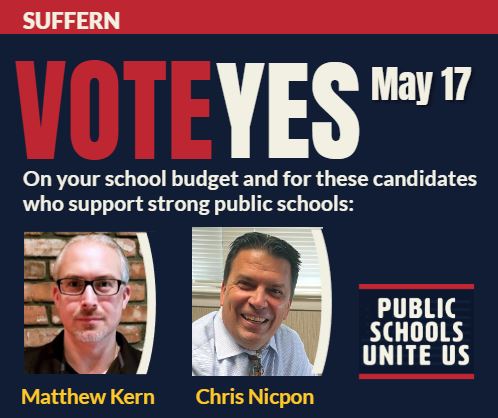 SuffernEA's tweet image. Today&apos;s the day!  VOTE in your Suffern School elections for the budget and Kern/Nicpon to keep us #SuffernStrong!!!  Polls close at 9.  Spread the word!