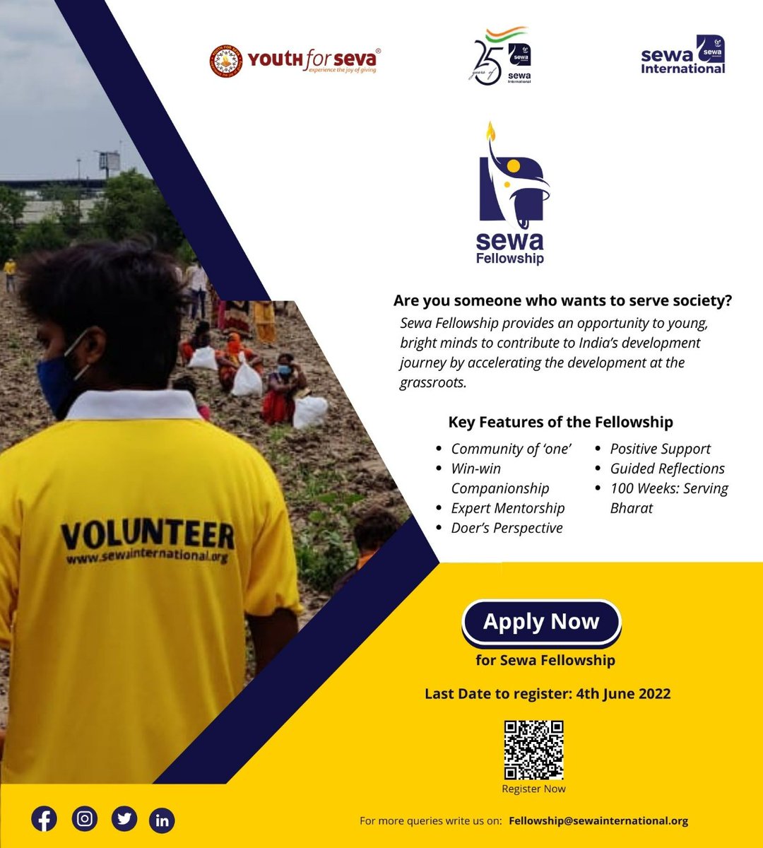 Sewa_Intl's tweet photo. The wait is finally over! It's your turn to lead India's transformation by delving deep into grassroots challenges and solving them in the community.

Sewa Fellowship 2022 applications are open: https://t.co/H2pB5zf3Im

#SewaFellowship  #SewaInternational #Fellow #25YearsOfSewa https://t.co/RgHbDaB4rK