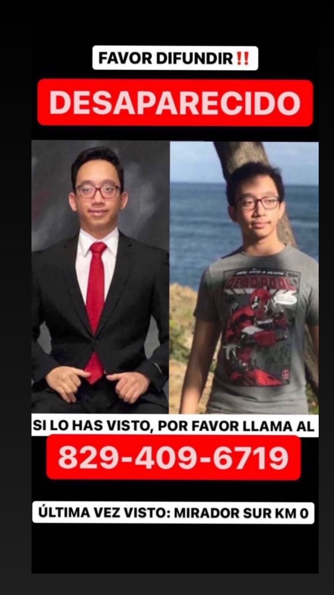 Melissa_Peguero's tweet photo. Les recuerdo a mis amigos de twitter que nuestro amigo Alexander Sang Díaz aún no aparece. Sigamos compartiendo, para que su foto sea difundida y si alguien lo ha visto contacte algún familiar al 829-409-6719. Gracias por compartir mi post anterior. Necesitamos más retwits. https://t.co/MsC13eYh28