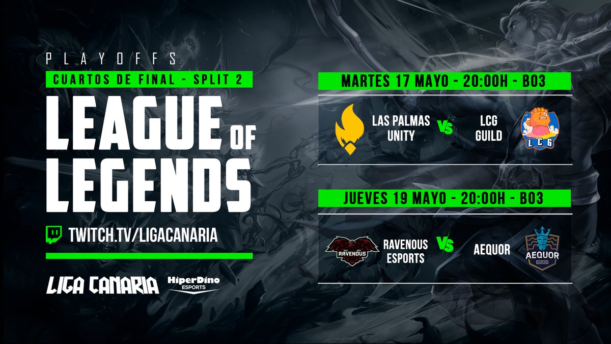 LigaCanaria's tweet photo. Hoy comienzan los Playoffs de #LeagueofLegends con el primer partido de cuartos de final:

20h🇮🇨: @eSports_UDLP 🆚 @LCGguild 

Como siempre, con @Rudegar y @RobertTatsu casteando este partidazo en https://t.co/bpdJrLeR0t 🔥

@HiperDino_ @diariodeavisos #LigaCanariaHD https://t.co/hLRDKN3APR