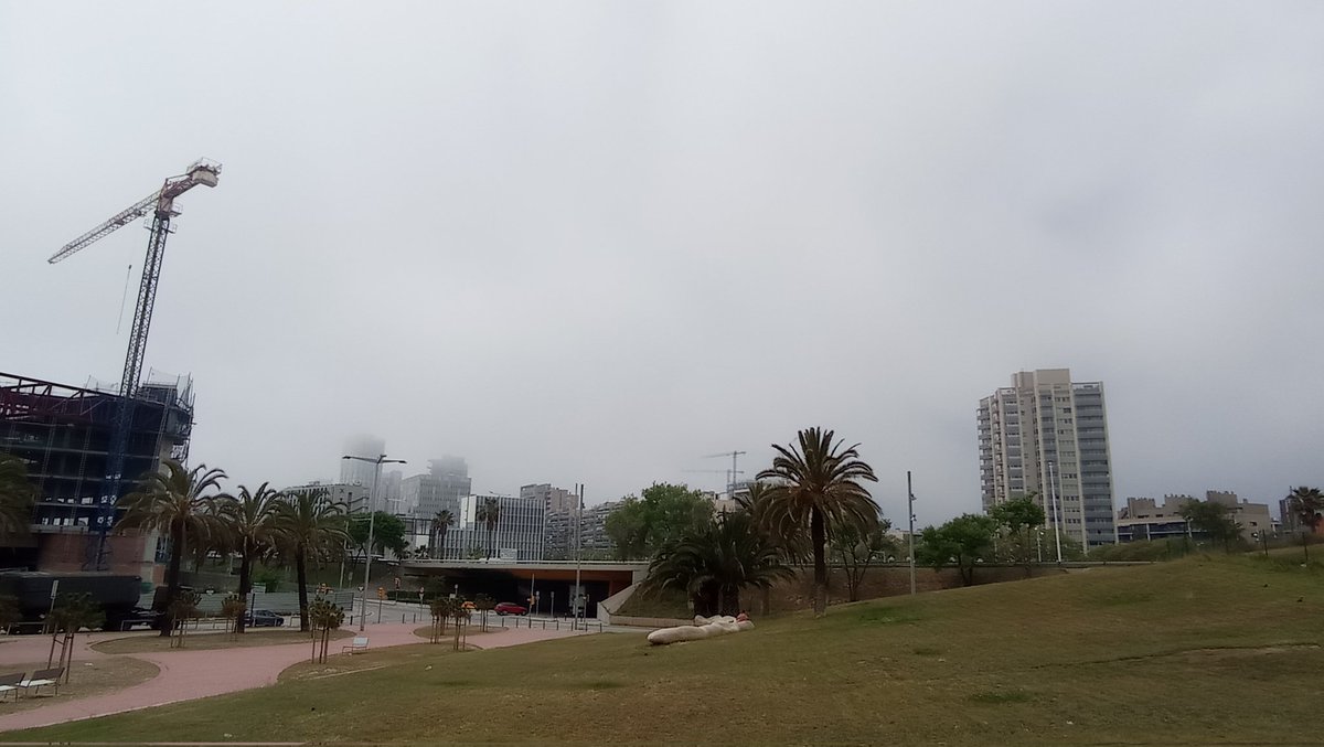 manelcascante's tweet photo. Banc de núvols baixos/boira a la costa barcelonina #PortForum. No arriba al terra ara, base a cota 20/40 m. https://t.co/xiNZDmnkxD