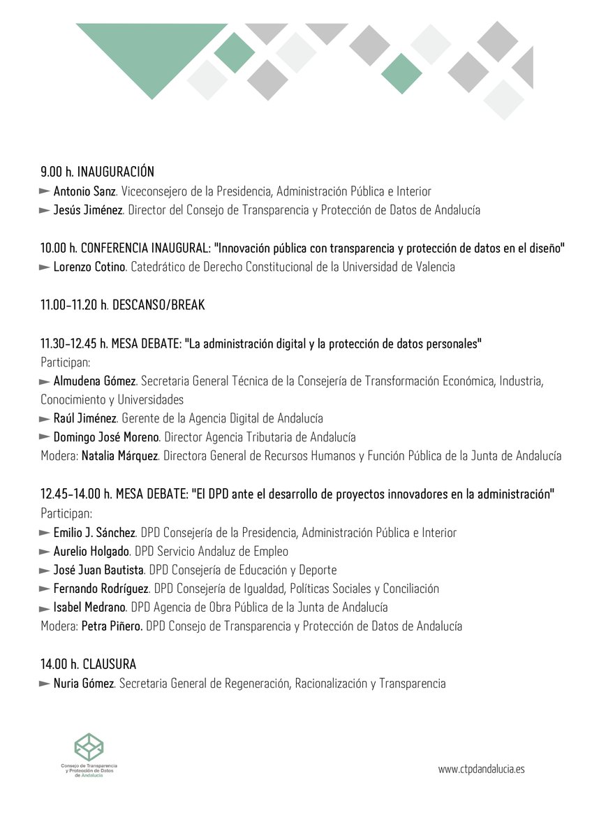 ctpdandalucia's tweet photo. ✒️ Mañana celebramos nuestro Foro anual #CtpdAndalucía, un encuentro en el que abordaremos  #AdministraciónDigital, #ProtecccióndeDatos, #innovación y #tecnología.

🖥️ Síguelo por streaming: https://t.co/Oxil11Tq0G https://t.co/NzJBt6WJac