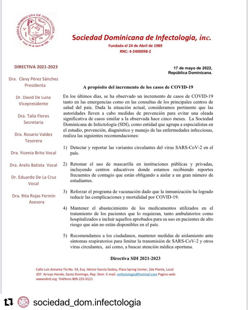 Miralba's tweet photo. Sociedad dominicana de infectología recomienda retomar el uso de mascarillas y reforzar la vacunación. https://t.co/xPrnfNche3