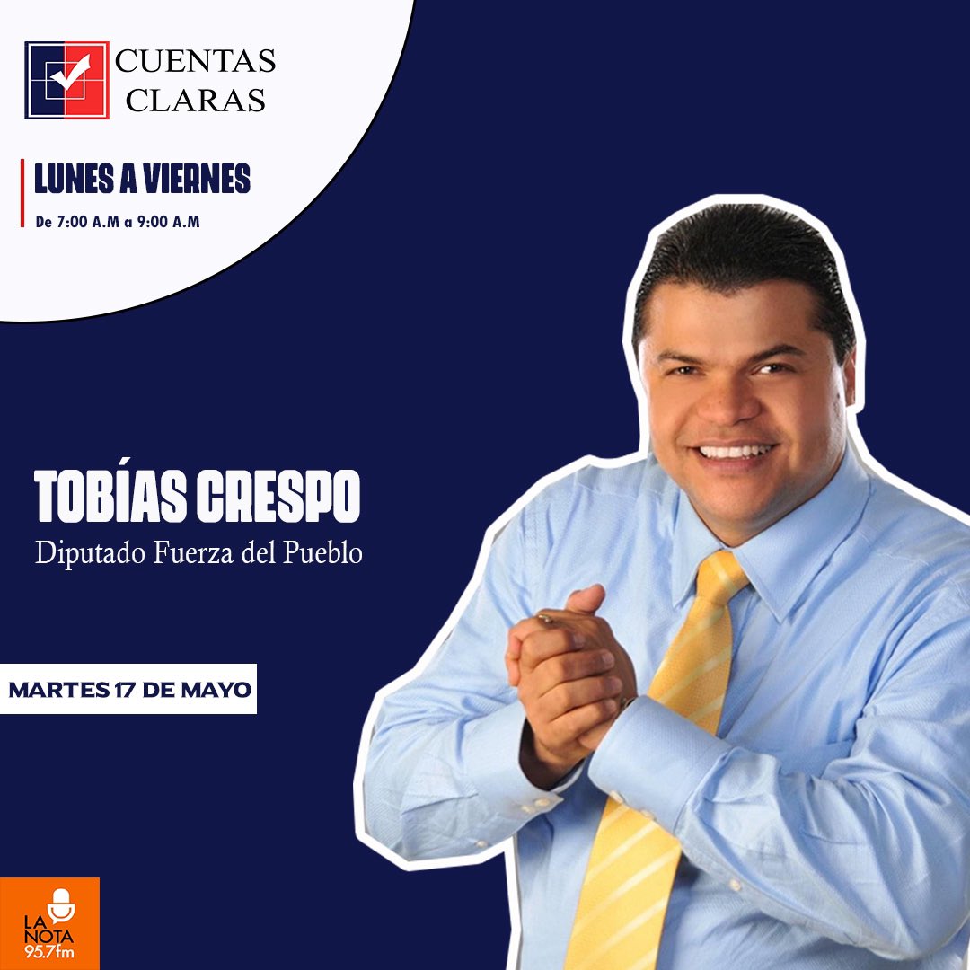 Hoy estará con nosotros el diputado @tobiascrespo en la #entrevistadeldía 

Sintoniza con nosotros por la 95.7 F.M. 

<a href="/JoseMonegro/">José P. Monegro</a> <a href="/luisrgarcia15/">Luis García</a> <a href="/LopezMorrobel/">Hugo López Morrobel</a> <a href="/germanmarte4/">German Marte</a> <a href="/wilkindelacruz/">Wilkin de la Cruz</a> <a href="/GomezJR02/">Juan Gomez</a>