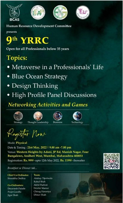 FCSJigarShah's tweet photo. Dear fellow #CompanySecretaries this is the best opportunity to meet other professionals.
9th #YRRC is open for all professionals who are below 35 years in physical mode and to all professionals in Virtual Mode.
If possible do attend. @bcasglobal
https://t.co/QSH9BAtuY1 https://t.co/DXMoK9VRXY