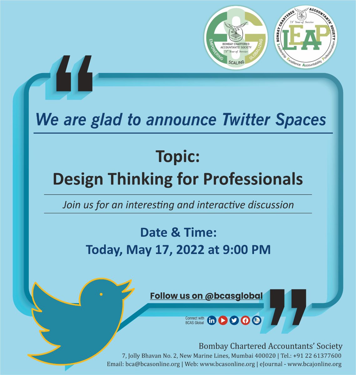 bcasglobal's tweet photo. Join us for some interesting discussion on #designthinking , Today at 9:00 PM https://t.co/Kmo8BZv3ZT
#BCASInitiative #YRRC #BCAS https://t.co/4L6vBSMTem