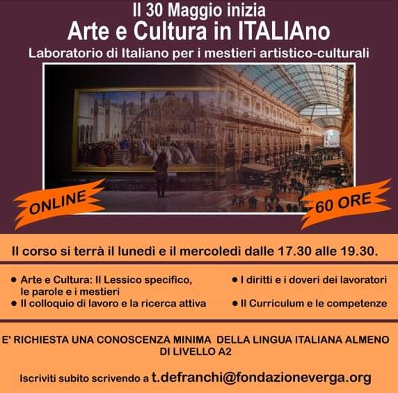 valePMussi's tweet photo. Corso on line di #Arte e #Cultura in italiano italia🇮🇹 ,(#linguaitaliana)
➡ Lessico specifico, le parole e i mestieri
➡ Il colloquio di lavoro
➡ I diritti e i doveri
➡ Il curriculum e le competenze
➡ Durata: 60 ore
👉 Info e iscrizioni: t.defranchi@fondazioneverga.org https://t.co/kgMpL4LPDA