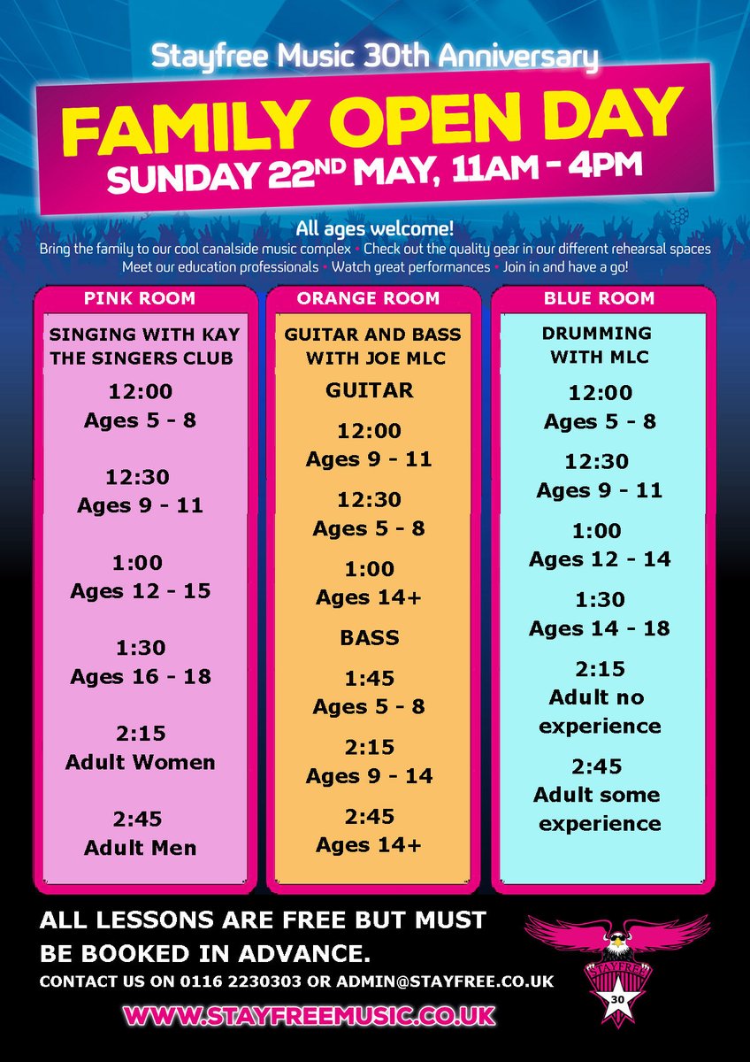 StayFreeMusicUK's tweet photo. Here's the time table of the music lessons happening at our FAMILY OPEN DAY - Sunday 22nd May. All the lessons are FREE but there is limited availability so book now to avoid disappointment. Email admin@stayfree.co.uk or give us a call on 0116 2230303
#Leicester #LeicesterMusic https://t.co/gmpHOtZAe1