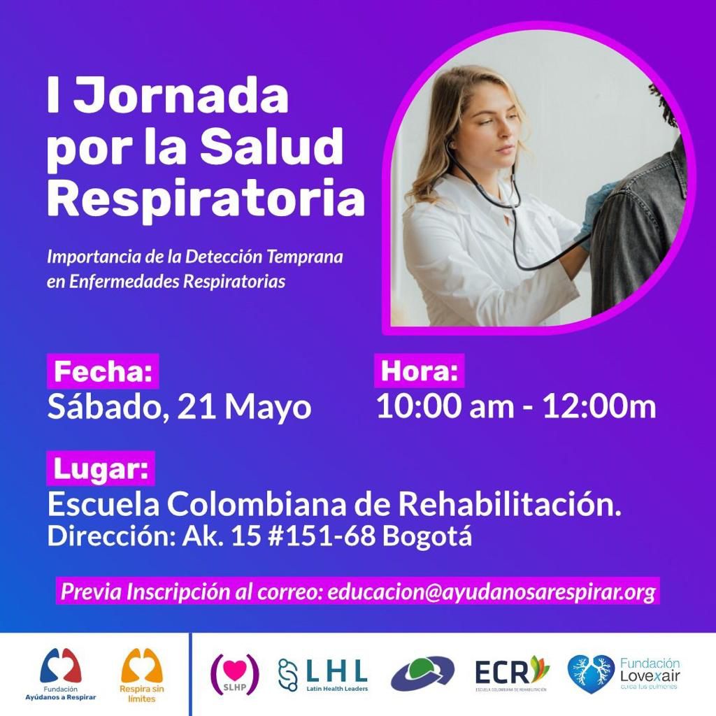 🇨🇴 Llega la I Jornada por la Salud Respiratoria para estudiantes y profesionales, pacientes y cuidadores de #HipertensiónPulmonar, #asma y #alergias
👉Este sábado 21 a las 10 h en la escuela Colombiana de Rehabilitación (presencial)
📲Inscríbete: educacion@ayudanosarespirar.org