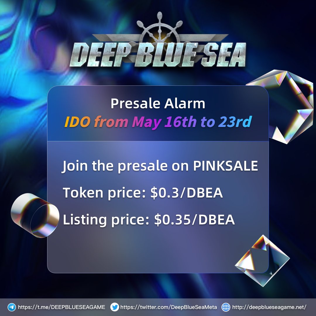 🙌I’m never sleeping on this gem until I get a spot! 
<a href="/DeepBlueSeaMeta/">DeepBlueSea</a>

🔥IDO and Presale will start today May 17th until 23rd on #PinkSale 
@Pinkecosystem

📢x.com/DeepBlueSeaMet…

🚀Head on to 📌pinksale.finance/#/launchpad/0x… now to get ahead of the race!

$DBEA #PreSale #X100Gem