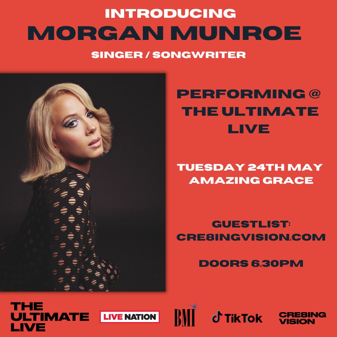 cre8ingvision's tweet photo. Singer songwriter @MorganMunroe will be performing at the #UltimateLive on the 24th May at Amazing Grace London Bridge.
Catch Morgan + a host of new artists perform live & network with some of music's most influential bods!
Guestlist tickets: https://t.co/zl6Rh6D9zA https://t.co/HMwi04dBe2