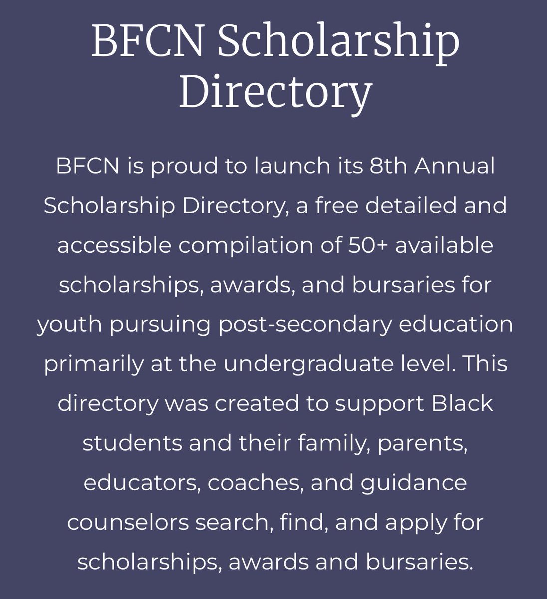 Rocchina Antunes (@rocchinaantunes) on Twitter photo Please spread the word within your school and encourage eligible Black students to apply for the BFCN Scholarship Program. For any questions about the application process or to support the BFCN Scholarship program, please contact info@bfcn.ca. Please spread the word within your school and encourage eligible Black students to apply for the BFCN Scholarship Program. For any questions about the application process or to support the BFCN Scholarship program, please contact info@bfcn.ca.