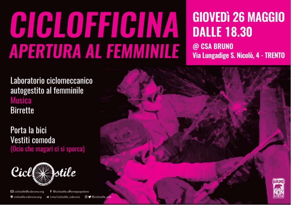ciclostile_csb's tweet photo. Giovedì 26 Maggio primo appuntamento della Ciclofficina al Femminile, dove potremo smanettare dietro alle nostre bici, chiacchiarare delle nostre avventure ciclistiche e non, trafficare con gli attrezzi, bere birra, il tutto in un ambiente autogestito, orizzontale, tra sole donne https://t.co/YHBaLIcmO1