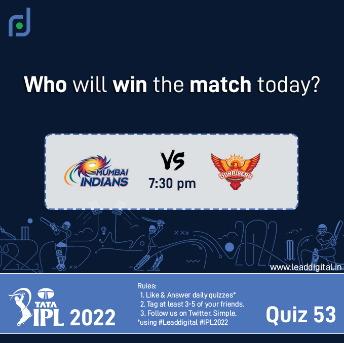 LeadDigitalIn's tweet photo. #ContestAlert

Quiz - 53 

Know more about the contest and stand a chance to win an exciting prize:
https://t.co/h5bPRP9FgK

#IPL2022 #TATAIPL #IPL #iplt20 #MIvsSRH #SRHvsMI #MumbaiIndians #SunrisersHyderabad #T20I  #IPLcontests2022 #CricketTwitter  #predictandwin #amazon #prize https://t.co/BIGp8Hnf5E