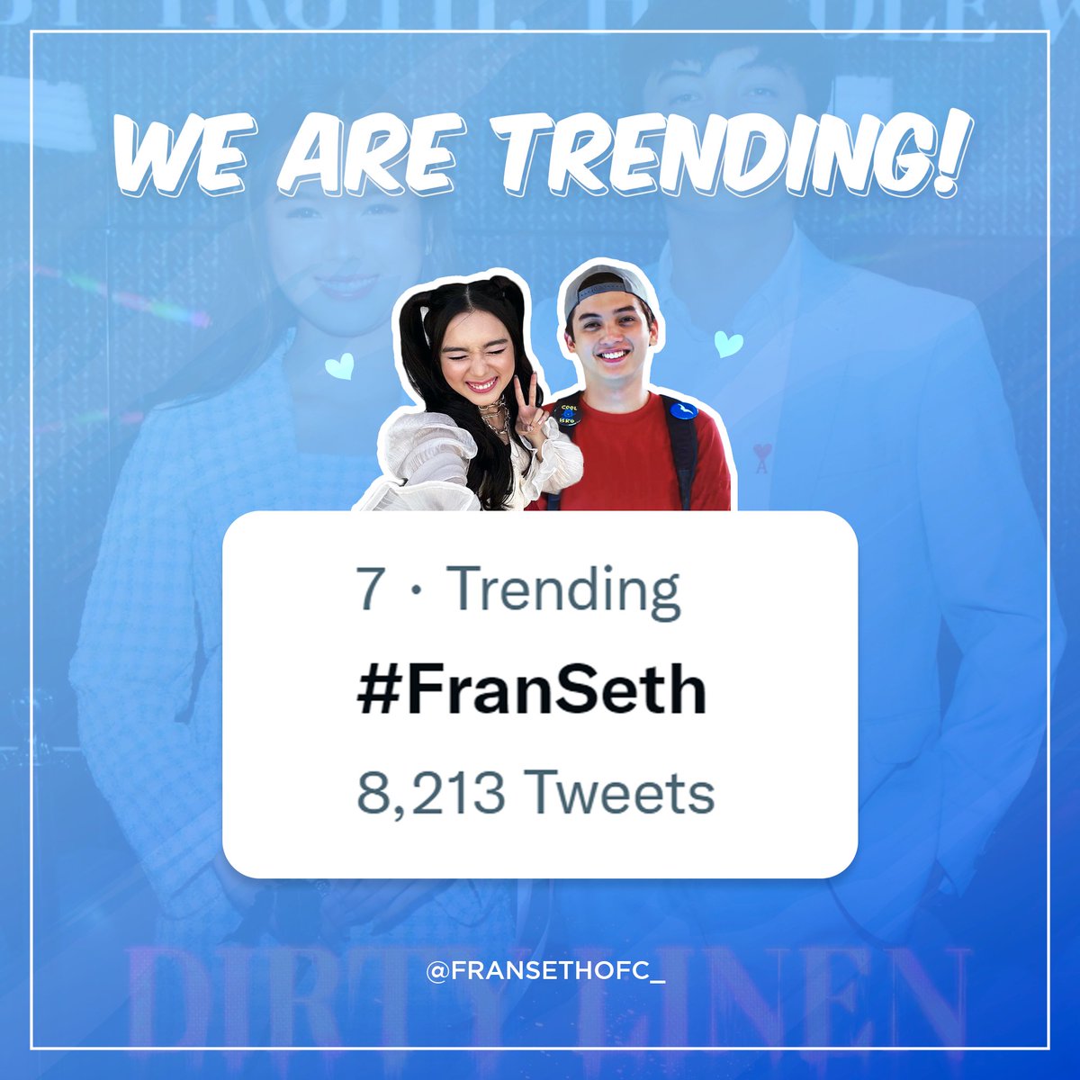 FranSethOFC_'s tweet photo. #FranSeth is trending now on seventh spot with more than eight thousand tweets!

Thank you for all your love and appreciation for Francine and Seth! 

#FrancineDiaz #SethFedelin 
@francinecarreld @imsethfedelin https://t.co/yTwVzFeZI5