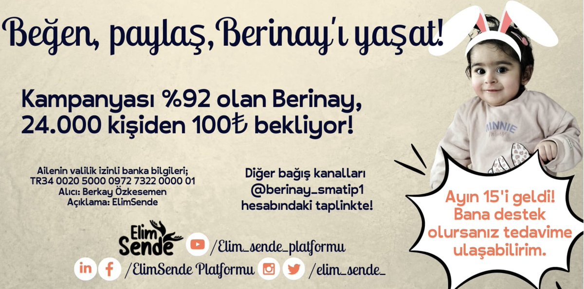 ElimSendePrima's tweet photo. @fatihportakal @tcbestepe @NureddinNebati @Merkez_Bankasi SMA'lı bebeklerimiz için toplanan bağışlar kur yükselişinden bağışlar dolayı eriyor. Herkese ihtiyacımız var. Sen de @elim_sende_ platformuna katıl. Postun altına ben de varım yazmanız yeterli . Paylaşın lütfen en azından postu

https://t.co/agDICxMTfs