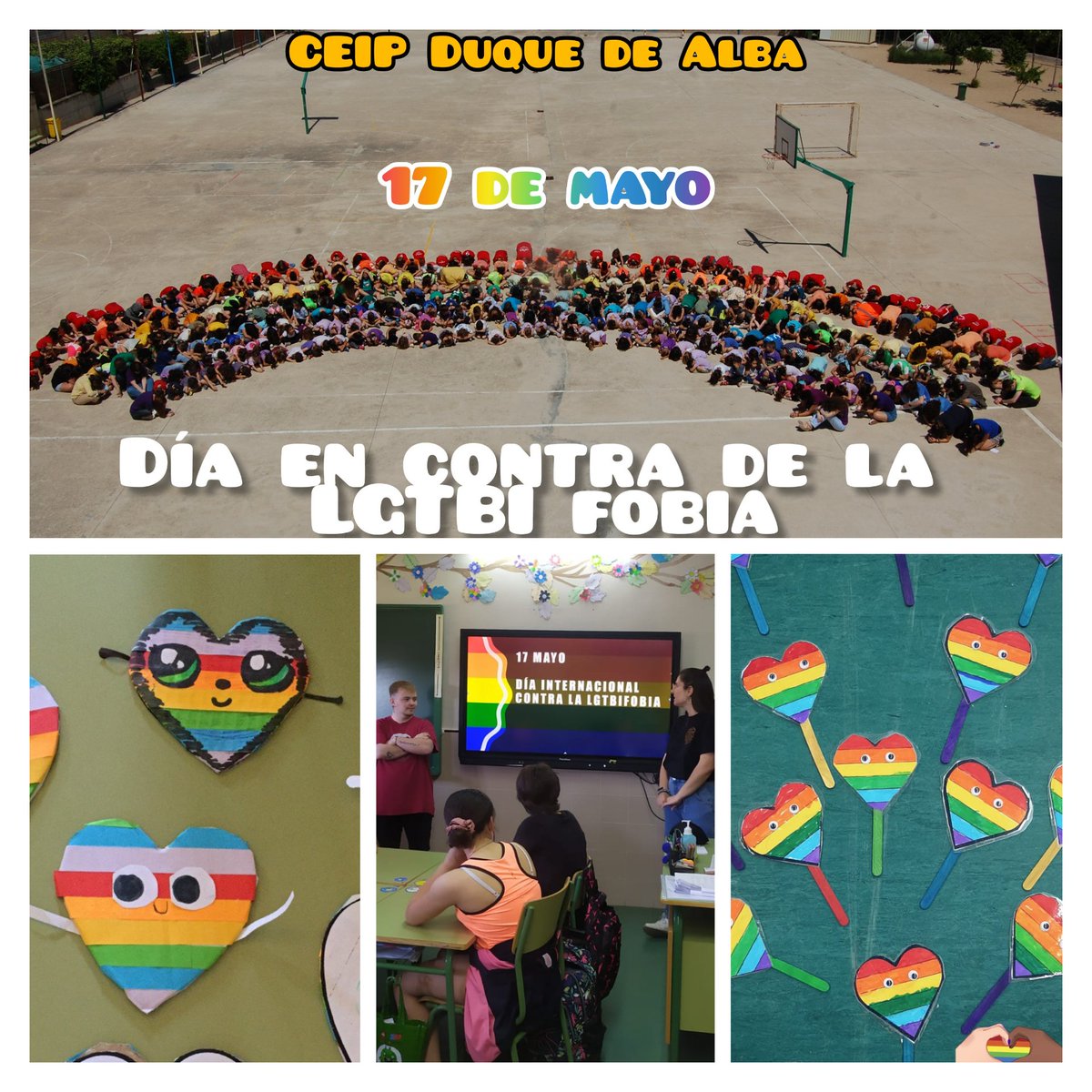 DAlbaCeip's tweet photo. 17 de mayo: día de concienciación en contra de la LGTBI fobia. Gracias a ex alumn@s participantes por acercar su realidad al alumnado de sexto 👏👏👏. Actividades por niveles y un gran arco iris multicolor. https://t.co/P6DQeg9PSK
