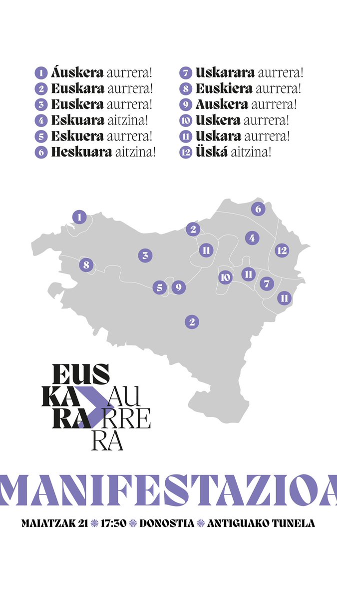 Eta zuk nola esango duzu larunbatean «euskara aurrera»?

🔄Zabaldu zure erantzuna eta kartela sareetan🔄

🖋Dagoeneko sinatu ez baduzu, hortxe lotura: labur.eus/euskaraaurrera

Maiatzak 21•Donostia
Euskara aurrera!