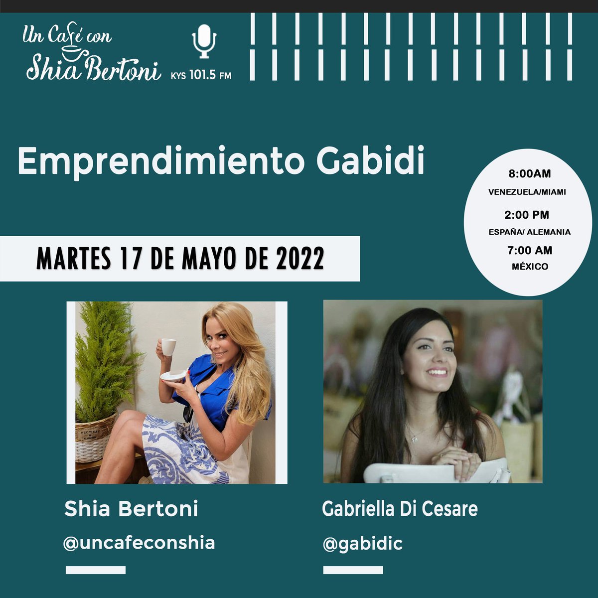 Un Café con Shia (@uncafeconshia) on Twitter photo En vivo #Martes #UnCafeconShiaBertoni nuevo horario 8 AM por
<a href="/Kysfm1015/">Kys FM 101.5</a> en el #Zulia #Clasicos 100.5FM, #PuertoCabello #EstereoMar 94.00FM y online señal internacional <a href="/vumradio/">VUM Radio</a>
<a href="/shiabertoni/">Shia Bertoni</a>
<a href="/cecodap/">Cecodap</a>
<a href="/PORMISTACONES/">Evlin PorMisTacones</a>
<a href="/FIPAN/">FIPAN Federación Atención a Niños Jóvenes Familia</a>
<a href="/gabidic/">GABIDI Complementos</a> En vivo #Martes #UnCafeconShiaBertoni nuevo horario 8 AM por
<a href="/Kysfm1015/">Kys FM 101.5</a> en el #Zulia #Clasicos 100.5FM, #PuertoCabello #EstereoMar 94.00FM y online señal internacional <a href="/vumradio/">VUM Radio</a>
<a href="/shiabertoni/">Shia Bertoni</a>
<a href="/cecodap/">Cecodap</a>
<a href="/PORMISTACONES/">Evlin PorMisTacones</a>
<a href="/FIPAN/">FIPAN Federación Atención a Niños Jóvenes Familia</a>
<a href="/gabidic/">GABIDI Complementos</a>