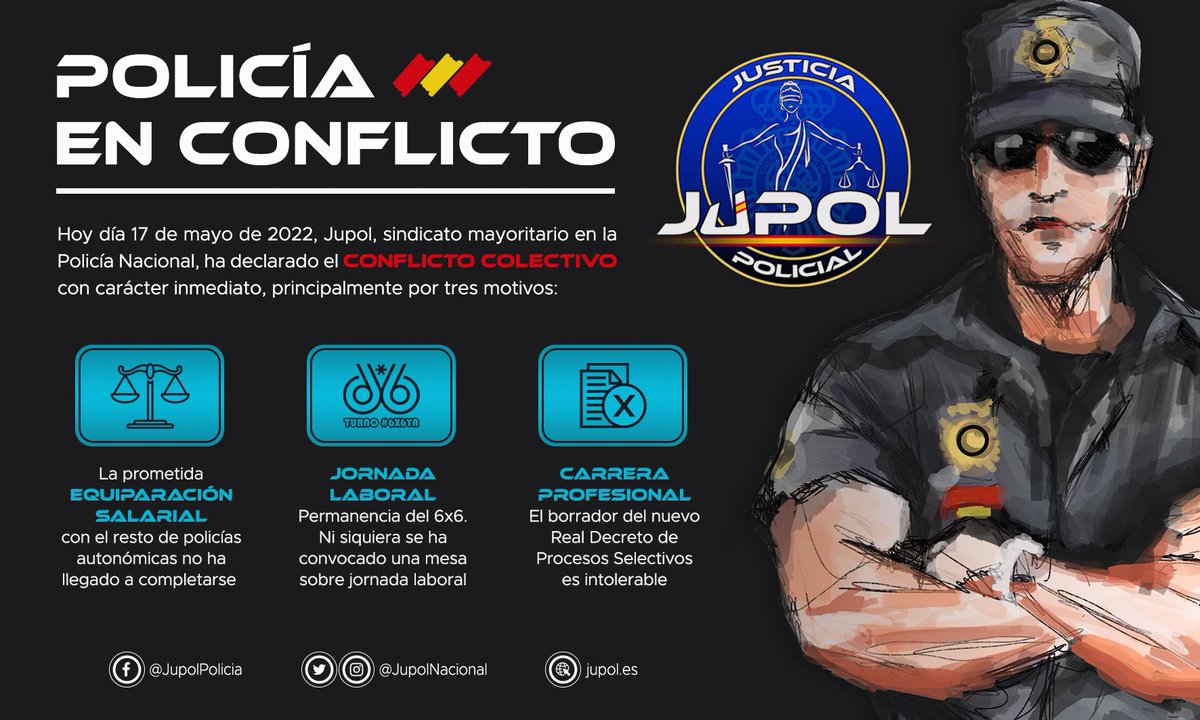 JupolNacional's tweet photo. 🔊#PoliciaEnConflictoColectivo

🔵#Jupol ha convocado #ConflictoColectivo en la Policía Nacional por TRES razones fundamentalmente:

⚖️La #EquiparacionYa

🚔El #6x6Ya y la Jornada Laboral.

👮🏻‍♂️👮🏻La carrera profesional.

ℹ️Comunicado y más información: https://t.co/jMyHGQiF3K https://t.co/M6wqMoERH5