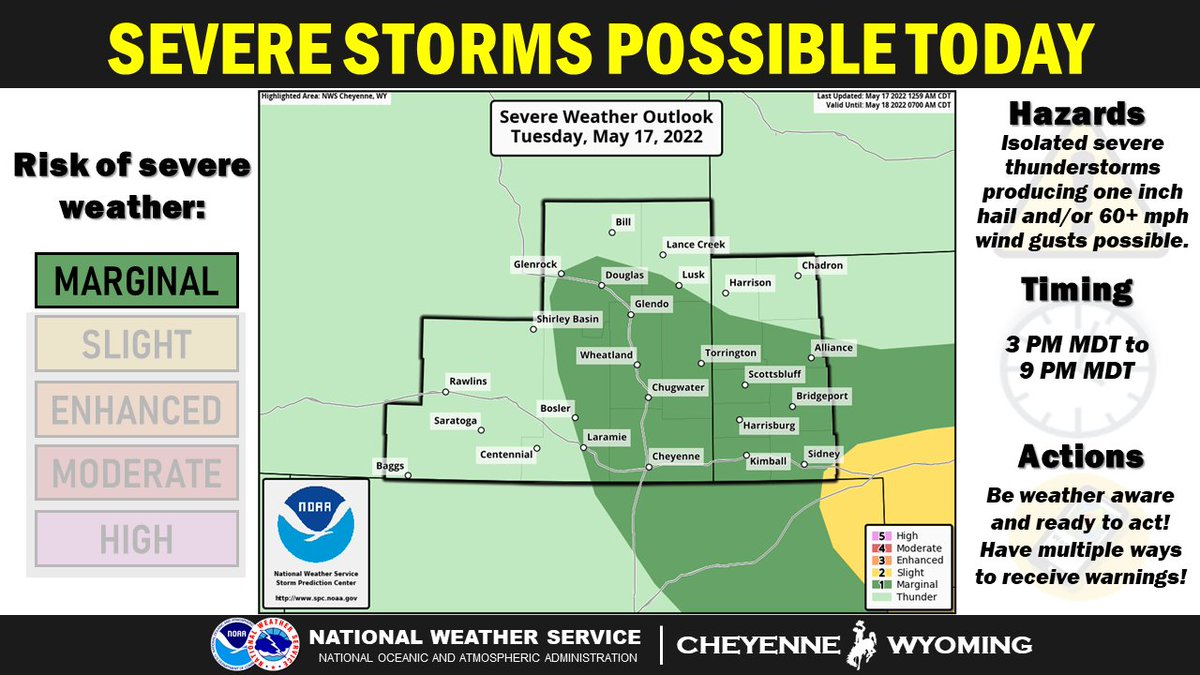 NWSCheyenne's tweet photo. 550 AM Tues 5/17 –
🟢Marginal Risk for isolated severe thunderstorms
⚠Main Threats: strong to severe storms producing lightning, damaging winds, and large hail.
⏰Timing: 3 PM-9 PM, potential for round 2 10 PM-midnight.
💻Stay weather aware!
#WYwx #NEwx #WYOroad #NEroad https://t.co/Row59ltq5b