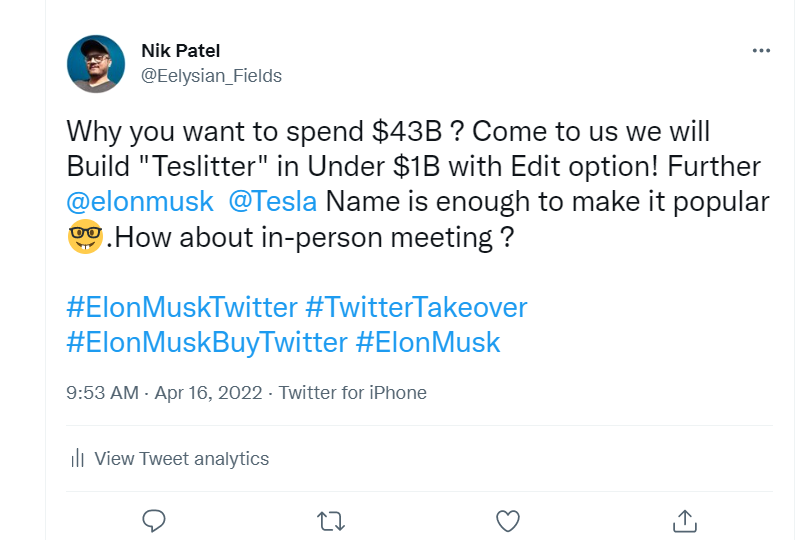 nikp_ng's tweet photo. @elonmusk @Teslarati @elonmusk @Tesla My Offer Still stays ! Along with this we will help you to build profile verification matrix, which can help to reduce duplicate profiles. 

@elonmusk  What you think ? Meeting invitation ? 😎
#ElonMusk #elon_musk #TwitterExposed https://t.co/KgpZ8cjnK8